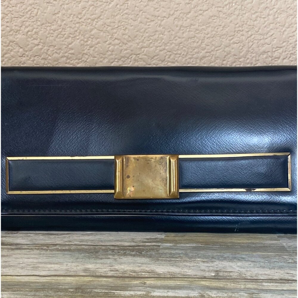 1950s Aetna USA Black Patent Envelope Clutch Purse Royaltone Lined 15" Mid Centu - Picture 3 of 16